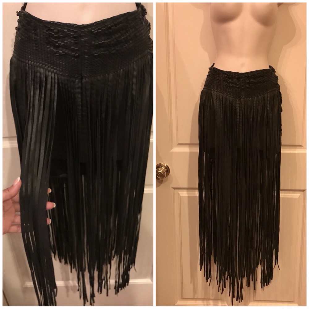 Rocker Chic Boho Woven Fringe Vegan Leather Skirt - Picture 1 of 4